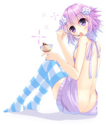 Rule 34 | 10s, 1girl, 4ki@kachou fuuei, absurdres, ass, bare back, blush, breasts, d-pad, eating, female focus, food, full body, glass, hair ornament, highres, looking at viewer, meme attire, neptune (neptunia), neptune (series), no bra, no panties, no shoes, open mouth, pudding, purple eyes, purple hair, short hair, sideboob, small breasts, solo, spoon, striped clothes, striped thighhighs, thighhighs, virgin killer sweater, white background