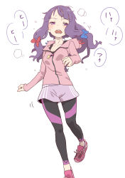 Rule 34 | 1girl, absurdres, alternate costume, black leggings, blue bow, bow, hair bow, heart, highres, hood, hooded jacket, jacket, kawayabug, leggings, long hair, long sleeves, looking at viewer, open mouth, patchouli knowledge, pink jacket, purple eyes, purple hair, purple shorts, red bow, red footwear, running, shoes, shorts, simple background, solo, sweat, touhou, white background