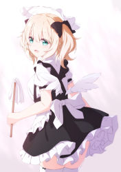 Rule 34 | 1girl, :d, aoi thomas, apron, black dress, blonde hair, blush, breasts, collared shirt, commentary request, dress, duster, feathered wings, frilled apron, frilled dress, frills, green eyes, hair between eyes, highres, looking at viewer, looking back, maid, medium breasts, mini wings, open mouth, original, pleated dress, puffy short sleeves, puffy sleeves, shirt, short sleeves, sleeveless, sleeveless dress, smile, solo, thighhighs, twintails, waist apron, white apron, white shirt, white thighhighs, white wings, wings
