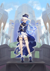Rule 34 | 1girl, absurdres, ahoge, aqua hair, ascot, asymmetrical gloves, black ascot, black footwear, blue eyes, blue sky, blurry, building, cloud, cloudy sky, colored inner hair, commentary request, crossed arms, depth of field, drop-shaped pupils, full body, furina (genshin impact), genshin impact, gloves, hair between eyes, hand on own chin, hat, heterochromia, highres, long hair, long sleeves, looking at viewer, low twintails, mismatched gloves, multicolored hair, outdoors, qixia, shoes, short shorts, shorts, sidelocks, sky, skyline, skyscraper, solo, standing, standing on box, streaked hair, symbol-shaped pupils, thigh strap, top hat, twintails, two-tone hair, wavy hair, white shorts