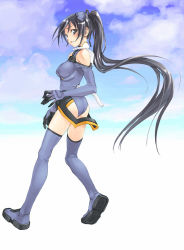 Rule 34 | 00s, 1girl, ass, bare shoulders, black eyes, black hair, blue footwear, blue gloves, blue thighhighs, blush, boots, breasts, cloud, covered erect nipples, day, elbow gloves, floating hair, from side, full body, gloves, hair ribbon, halterneck, headgear, high ponytail, highres, ichijou eika, kneepits, leotard, long hair, long legs, looking at viewer, looking back, medium breasts, motionslit, outdoors, parted lips, pilot suit, ponytail, ribbon, satou atsuki, sky, sky girls, solo, thigh boots, thighhighs, turtleneck, very long hair