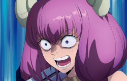 Rule 34 | 1girl, a1 (initial-g), aura (sousou no frieren), blue eyes, commentary request, demon girl, demon horns, holding, holding sword, holding weapon, horns, kimetsu no yaiba, open mouth, parody, pink hair, solo, sousou no frieren, spoilers, sword, teeth, upper body, weapon, white horns