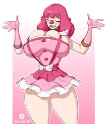 Rule 34 | 1girl, ace attorney, artist name, border, breasts, choker, cleavage, clown, clown nose, collarbone, cowboy shot, dress, closed eyes, frilled dress, frills, geiru toneido, gloves, highres, huge breasts, long hair, onaeane, open mouth, pink background, pink dress, pink gloves, pink hair, shoulder pads, simple background, smile, solo, standing, suspenders, teeth, white border