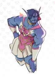 Rule 34 | 1boy, bara, blue skin, character request, colored skin, cropped legs, dress, facial hair, flower, flower in mouth, goatee, heart, heart background, highres, looking at viewer, magical boy, male focus, mature male, pectorals, pink dress, red flower, red rose, rose, sanpaku, seductive smile, short hair, sidepec, smile, solo, thick eyebrows, wkokbu
