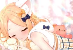 Rule 34 | 1girl, abigail williams (fate), absurdres, animal ear fluff, animal ears, bare shoulders, black bow, blonde hair, blurry, blurry background, blush, bow, cat ears, closed eyes, depth of field, fate/grand order, fate (series), forehead, frilled pillow, frills, hair bow, highres, hood, hood down, kemonomimi mode, long hair, lying, non-web source, on stomach, orange bow, parted bangs, parted lips, pillow, polka dot, polka dot bow, scan, sleeping, sleeveless, solo, stuffed animal, stuffed toy, teddy bear, yano mitsuki (nanairo)
