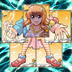 Rule 34 | &gt;:), &gt;:d, 2girls, :3, :d, ^^^, barefoot, blonde hair, bracelet, brown hair, card, clenched hand, crying, d:, exodia, exodia the forbidden one, futaba anzu, giant, giantess, hair ornament, highres, hitsuji bako, holding, idolmaster, idolmaster cinderella girls, jewelry, long hair, long sleeves, looking at viewer, mary janes, moroboshi kirari, multiple girls, necklace, open hand, open mouth, parody, shoes, skirt, smile, socks, star (symbol), star hair ornament, striped clothes, striped legwear, striped socks, tears, twintails, v-shaped eyebrows, wavy mouth, yu-gi-oh!, yu-gi-oh! duel monsters