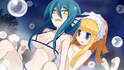 Rule 34 | 2girls, :d, attouteki yuugi mugen souls, attouteki yuugi mugen souls z, bathing, bikini, blonde hair, blue hair, body blush, breasts, clenched hand, collarbone, dutch angle, fins, game cg, hair between eyes, hair ornament, hair scrunchie, halterneck, head fins, large breasts, looking at another, micro bikini, multiple girls, nanameda kei, navel, official art, open mouth, sandy sunshine, scrunchie, shampuru, short hair, sitting, smile, soap bubbles, strap gap, supra, swimsuit, tree, yellow eyes