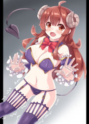 Rule 34 | 1girl, against fourth wall, ahoge, bare shoulders, blue sleeves, blush, bow, breasts, brown eyes, brown hair, cleavage, curled horns, demon girl, demon horns, demon tail, detached sleeves, fang, frilled sleeves, frills, fuyuki8208, garter straps, groin, highres, horns, long hair, long sleeves, looking at viewer, machikado mazoku, medium breasts, navel, open mouth, pillarboxed, purple thighhighs, red bow, revealing clothes, solo, sweat, tail, tail raised, tears, thighhighs, very long hair, yoshida yuuko (machikado mazoku)