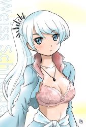 Rule 34 | 1girl, :o, blue eyes, blush, bow, bow bra, bra, breasts, character name, cleavage, jewelry, long hair, looking at viewer, medium breasts, navel, necklace, open clothes, ponytail, rwby, selfie, silver hair, solo, underwear, upper body, weiss schnee, yukion