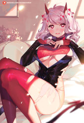 Rule 34 | 1girl, black suit, blush, breasts, breasts apart, clothes lift, demon girl, demon horns, demon tail, formal, heart, heart-shaped pupils, helltaker, horns, indoors, large breasts, legs together, long sleeves, looking at viewer, modeus (helltaker), orange sekaii, pantyhose, red eyes, red horns, red sweater, ribbed sweater, short hair, solo, suit, sweater, symbol-shaped pupils, tail, thighs, torn clothes, torn pantyhose, turtleneck, white hair