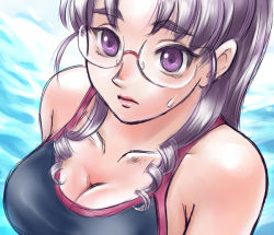 00s black_one-piece_swimsuit breasts cleavage drill_hair glasses large_breasts macross macross_frontier matsuura_nanase one-piece_swimsuit purple_eyes purple_hair school_swimsuit solo swimsuit yuu_mamori