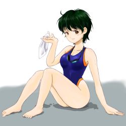 Rule 34 | 1girl, barefoot, brown eyes, competition swimsuit, goggles, green hair, macla, one-piece swimsuit, original, short hair, sitting, solo, swim cap, swimsuit