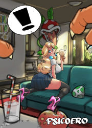 Rule 34 | !, 1girl, apple, artist name, ass, black thighhighs, blonde hair, blouse, blue eyes, blue skirt, bowser, breasts, claws, couch, cup, deviantart username, drinking glass, drinking straw, earrings, egg, eyelashes, fingernails, food, from behind, from side, fruit, high heels, highres, holding, ice cream, ice cream cone, indoors, jewelry, kneeling, large breasts, legs apart, lips, long hair, looking at viewer, looking back, mario (series), nintendo, nose, nostrils, on couch, open mouth, picture frame, pink footwear, pink lips, piranha plant, polka dot, pov, princess peach, psicoero, rug, sharp teeth, shirt, short sleeves, skirt, speech bubble, spoken exclamation mark, star (symbol), super star (mario), strappy heels, super mario bros. 1, teeth, thick eyebrows, thighhighs, tongue, tongue out, watermark, web address, white shirt, you gonna get raped