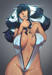 Rule 34 | 1girl, absurdres, black hair, blue nails, breasts, character request, contrapposto, copyright request, covered erect nipples, earrings, eureka brider, gluteal fold, grey eyes, head tilt, highres, huge breasts, jewelry, licking lips, lips, lipstick, long hair, looking at viewer, makeup, multicolored hair, nail polish, navel, see-through, silver hair, silver lips, slingshot swimsuit, solo, standing, stud earrings, swimsuit, thigh gap, tongue, tongue out, two-tone hair