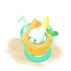 Rule 34 | animal, animal focus, chai (drawingchisanne), closed eyes, commentary, cup, drink, drinking straw, food, food focus, fruit, innertube, mint, no humans, original, pineapple, pineapple slice, signature, simple background, sleeping, spread legs, swim ring, translation request