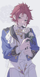 1boy absurdres backlighting bishounen blue_jacket dress_shirt earrings ensemble_stars! film_grain floral_background flower furrowed_brow green_eyes highres holding holding_flower isara_mao jacket jewelry lapels layered_clothes layered_sleeves light_blush light_smile long_sleeves looking_at_viewer male_focus open_clothes open_jacket pants reijiro rose shirt solo split_mouth standing two-handed white_background white_flower white_pants white_rose white_shirt