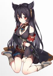 Rule 34 | 1girl, animal ears, arm grab, black hair, black shirt, blush, boots, bow, breasts, brown skirt, cleavage, closed mouth, collarbone, commentary request, covering crotch, covering privates, ear piercing, erune, full body, gin00, gradient background, granblue fantasy, grey background, hair between eyes, highres, long hair, long sleeves, looking at viewer, medium breasts, nier (granblue fantasy), piercing, red eyes, shirt, sitting, skirt, solo, toeless footwear, very long hair, wariza, white background, white bow, wide sleeves