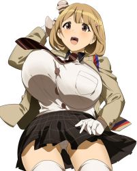 Rule 34 | 10s, 1girl, bouncing breasts, breasts, brown eyes, brown hair, gloves, highres, huge breasts, magukappu, narusawa ryouka, occultic;nine, open mouth, panties, shirt tucked in, skirt, solo, underwear
