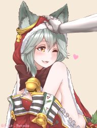 Rule 34 | 10s, 1girl, animal ears, bare shoulders, blush, breasts, collar, disco brando, erune, fangs, granblue fantasy, hair between eyes, heart, open mouth, red eyes, sen (granblue fantasy), sideboob, silver hair, simple background, smile, solo