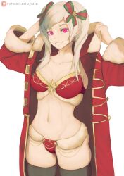 Rule 34 | 1girl, alternate costume, bikini, bikini under clothes, black thighhighs, bra, breasts, christmas, christmas ornaments, cleavage, dark persona, evil smile, fire emblem, fire emblem awakening, fur-trimmed bra, fur-trimmed panties, fur trim, grima (fire emblem), grin, hair ornament, highres, hood, long hair, long sleeves, looking at viewer, medium breasts, navel, nintendo, open mouth, panties, patreon username, possessed, possession, red eyes, robe, robin (female) (fire emblem), robin (fire emblem), santa bikini, skindentation, smile, solo, swimsuit, thighhighs, twintails, underwear, white background, white hair, zelc-face
