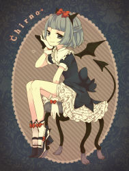 Rule 34 | 1girl, alternate costume, alternate hairstyle, blue eyes, blue hair, blunt bangs, bow, character name, cirno, demon tail, demon wings, dress, frills, gathers, gloves, hairband, half updo, high heels, legs, lolita fashion, maki (natoriumu), matching hair/eyes, md5 mismatch, resolution mismatch, shoes, short hair, sitting, smile, socks, solo, source larger, tail, touhou, white gloves, white socks, wings