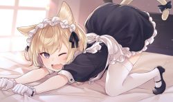 Rule 34 | 1girl, animal ears, apron, bed sheet, black bow, black dress, black footwear, blonde hair, blush, bow, cat ears, cat tail, dress, e (ejkfogksiu sjsial), fang, high heels, highres, maid, maid apron, maid headdress, mary janes, on bed, one eye closed, open mouth, original, purple eyes, sheet grab, shoes, skin fang, stretching, tail, tail bow, tail ornament, thighhighs, white thighhighs