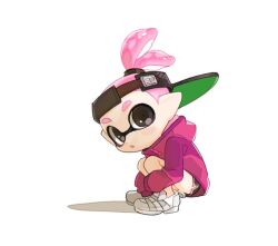 Rule 34 | 1boy, backwards hat, black eyes, black shorts, commentary, full body, hat, hood, hoodie, inkling, inkling boy, inkling player character, nintendo, open mouth, parted lips, pink hair, pink hoodie, pink trim, pointy ears, ponytail, shoes, short hair, short shorts, shorts, simple background, solo, spl8ya, splatoon (series), squatting, symbol-only commentary, tentacle hair, thick eyebrows, visor cap, white background, white footwear