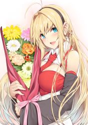 Rule 34 | 1girl, :d, antenna hair, aqua eyes, bare shoulders, birthday, black hairband, blonde hair, breasts, cleavage, detached sleeves, flower, hair between eyes, hair ornament, hairband, highres, holding, holding flower, large breasts, long hair, looking at viewer, necktie, open mouth, red necktie, simple background, smile, solo, tsurumaki maki, upper body, voiceroid, white background, yappen