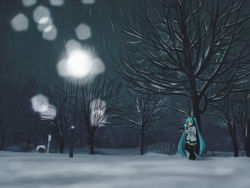 Rule 34 | 1girl, coat, hatsune miku, highres, long hair, snow, snowing, solo, thighhighs, twintails, very long hair, vocaloid, wallpaper