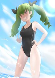 Rule 34 | 10s, 1girl, absurdres, anchovy (girls und panzer), competition swimsuit, drill hair, gin nyaga, girls und panzer, green hair, grin, highres, long hair, one-piece swimsuit, red eyes, smile, solo, standing, swimsuit, twin drills, twintails