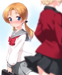 Rule 34 | 1girl, 2girls, absurdres, aged down, alternate hairstyle, black bow, black skirt, blonde hair, blouse, blue eyes, blurry, blurry foreground, blush, bow, bowtie, braid, briefcase, commentary request, darjeeling (girls und panzer), dated, depth of field, epaulettes, girls und panzer, grey skirt, hair bow, hair down, highres, holding, holding briefcase, jacket, kuzuryuu kennosuke, long hair, long sleeves, looking at another, military, military uniform, miniskirt, multiple girls, orange hair, orange pekoe (girls und panzer), parted bangs, parted lips, partial commentary, petals, pleated skirt, print skirt, red bow, red jacket, red neckwear, school briefcase, school uniform, serafuku, shirt, short hair, single horizontal stripe, skirt, st. gloriana&#039;s military uniform, standing, twintails, twitter username, uniform, white shirt