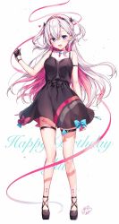 Rule 34 | 1girl, :d, arm strap, bare arms, bare legs, bare shoulders, black dress, black footwear, black gloves, blue eyes, blush, breasts, collarbone, covered collarbone, cursive, dress, full body, gloves, hair between eyes, hairband, hand up, happy birthday, heart, highres, komeshiro kasu, long hair, looking at viewer, medium breasts, multicolored hair, musubime yui, official art, open mouth, pink hair, pink ribbon, ribbon, saikyou virtual talent audition, shoes, signature, sleeveless, sleeveless dress, smile, solo, standing, thigh strap, thighs, two-tone hair, two side up, virtual youtuber, white background, white hair