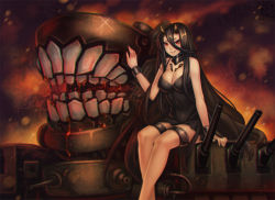 Rule 34 | 10s, 1girl, abyssal ship, battleship princess, black dress, black hair, breasts, cleavage, dress, female focus, gradient background, horns, kaizeru, kantai collection, large breasts, long hair, red eyes, short dress, skin-covered horns, smile, solo, very long hair