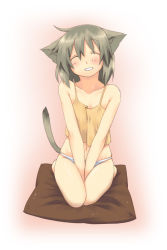 Rule 34 | 1girl, animal ears, blush, cat ears, cat tail, closed eyes, flat chest, grin, highres, majima yuki, panties, seiza, short hair, sitting, smile, solo, tail, underwear, v arms