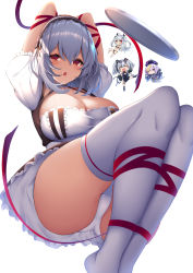 Rule 34 | 1girl, apron, arknights, arms behind head, arms up, ass, azur lane, bound, bound arms, breasts, cleavage, crotch seam, feater (arknights), genshin impact, highres, large breasts, legs together, maid, maid apron, maid headdress, nakatama kyou, panties, prinz eugen (azur lane), puffy sleeves, qiqi (genshin impact), ribbon, short hair, short sleeves, sirius (azur lane), solo, thighhighs, underwear, upskirt, white hair, white panties, white thighhighs