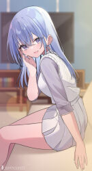 Rule 34 | 1girl, absurdres, artist name, bare legs, blue hair, blurry, blurry background, blush, breasts, commentary request, dark hound 3, feet out of frame, grey shirt, highres, idolmaster, idolmaster shiny colors, indoors, long hair, looking at viewer, looking to the side, medium breasts, pleated skirt, purple eyes, shirt, sitting, skirt, smile, solo, straight hair, suzuki hana, sweater vest, television, very long hair, white skirt, white sweater vest