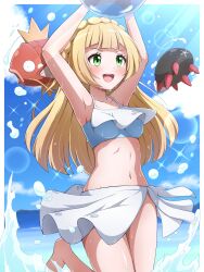 Rule 34 | 1girl, :d, absurdres, arms up, ball, barefoot, beachball, blonde hair, blush, braid, breasts, cloud, commentary request, creatures (company), day, eyelashes, game freak, gen 1 pokemon, gen 7 pokemon, green eyes, highres, leg up, lillie (pokemon), long hair, magikarp, medium breasts, navel, nintendo, open mouth, outdoors, pokemon, pokemon (anime), pokemon (creature), pokemon sm (anime), pyukumuku, shabana may, sky, smile, swimsuit, teeth, tongue, upper teeth only, water, wet
