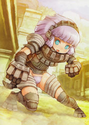Rule 34 | 1girl, absurdres, aqua eyes, armor, cenobia (shadow of the colossus), colored pubic hair, colossus, fang, female pubic hair, giant, giantess, gloves, highres, kneehighs, personification, pubic hair, purple hair, scan, shadow of the colossus, shigatake, short hair, socks, solo, tail, thighhighs