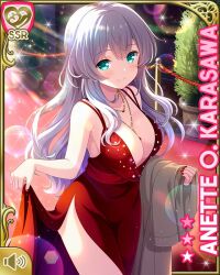 Rule 34 | 1girl, anette olga karasawa, blue eyes, breasts, card (medium), cleavage, closed mouth, dress, evening gown, girlfriend (kari), girlfriend note, long hair, looking at viewer, night, official art, outdoors, qp:flapper, red dress, silver hair, smile, solo, tagme