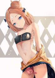 Rule 34 | 1girl, abigail williams (fate), absurdres, bandeau, bare shoulders, between legs, black bow, black jacket, blue eyes, bow, breasts, closed mouth, clothes pull, collarbone, commentary request, covered erect nipples, crossed bandaids, fate/grand order, fate (series), hair bow, hair bun, highres, jacket, jacket pull, light brown hair, long hair, looking at viewer, navel, nekobell, orange bow, parted bangs, polka dot, polka dot bow, single hair bun, small breasts, solo, strapless, stuffed animal, stuffed toy, teddy bear, thighs