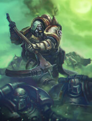 Rule 34 | adeptus astartes, armor, blowing smoke, breastplate, chaos (warhammer), cloak, couter, cowboy shot, crotch plate, cuirass, cuisses, death guard, fumes, gauntlets, gold trim, green armor, green sky, grohgrog, helm, helmet, highres, holding, holding scythe, hood, hooded cloak, insect wings, leg armor, male focus, mortarion, outdoors, pauldrons, poleyn, power armor, primarch, rebreather, rerebrace, respirator, scythe, shoulder armor, silence (weapon), skull, smokestack, spikes, warhammer 40k, wings