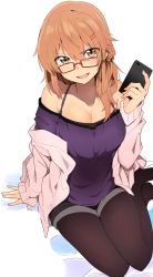 Rule 34 | &gt;:d, 1girl, :d, absurdres, bare shoulders, black pantyhose, black shorts, blush, breasts, brown eyes, brown hair, camisole, cardigan, cellphone, cleavage, collarbone, earrings, glasses, hair ornament, hairclip, hand up, highres, holding, holding phone, jewelry, kazenoko, large breasts, legs together, long hair, looking at viewer, open cardigan, open clothes, open mouth, original, pantyhose, phone, red-framed eyewear, short shorts, shorts, sidelocks, simple background, sitting, smartphone, smile, smirk, smug, stud earrings, thighs, tsurime, v-shaped eyebrows, white background, yokozuwari