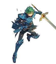 Rule 34 | 1boy, alm (fire emblem), arai teruko, armor, armored boots, boots, fire emblem, fire emblem echoes: shadows of valentia, fire emblem heroes, full body, gloves, green eyes, green hair, headband, highres, injury, male focus, nintendo, official art, open mouth, simple background, solo, sword, teeth, torn clothes, weapon, white background