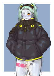 Rule 34 | 1girl, absurdres, aftersex, artificial eye, baggy clothes, black jacket, blush, body writing, colored sclera, colored skin, commentary, cum, cumdrip, cyberpunk (series), cyberpunk edgerunners, cyborg, ear blush, ebonyxh, english commentary, excessive cum, green hair, grey skin, hands in pockets, heart, heart-shaped pupils, highres, jacket, leg tattoo, long hair, mechanical eye, mixed-language commentary, neck tattoo, neon trim, one eye closed, outside border, pink tattoo, purple lips, rebecca (cyberpunk), red sclera, samurai jacket (cyberpunk), solo, standing, stray pubic hair, symbol-shaped pupils, tally, tattoo, trembling, twintails, yellow eyes