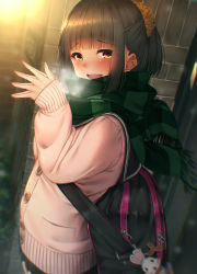Rule 34 | 1girl, :d, backpack, bad id, bad pixiv id, bag, black hair, black sailor collar, black skirt, blunt bangs, blurry, blush, brick wall, brown eyes, bush, buttons, cardigan, commentary request, depth of field, dutch angle, fringe trim, green scarf, hair ornament, hair scrunchie, half updo, hands up, highres, light, long hair, long sleeves, looking at viewer, looking to the side, miniskirt, open mouth, orange scrunchie, original, outdoors, own hands together, pink cardigan, pleated skirt, rerrere, sailor collar, scarf, school uniform, scrunchie, short ponytail, sidelocks, skirt, sleeves past wrists, smile, solo, standing, teeth, upper body, upper teeth only, zipper, zipper pull tab