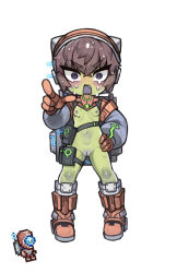 Rule 34 | 1girl, @ @, alien, boots, breasts, brown hair, cleft of venus, colored nipples, colored skin, creature and personification, crossed bangs, detached sleeves, fang, full body, gloves, green skin, grey sleeves, hair between eyes, hand on own hip, knee boots, long sleeves, looking at viewer, martian officer, nipples, no nose, nyong nyong, open mouth, orange footwear, orange gloves, puffy long sleeves, puffy sleeves, purple nipples, purple pussy, pussy, reference inset, short hair, simple background, small breasts, solo, standing, terraria, thigh strap, tsurime, uncensored, v-shaped eyebrows, white background