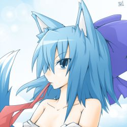 Rule 34 | 1girl, animal ears, bad id, bad pixiv id, blue hair, cirno, female focus, gradient background, kemonomimi mode, parody, reku, rex (artist), ribbon, short hair, solo, spice and wolf, tail, touhou, upper body, white background, wolf ears, wolf tail
