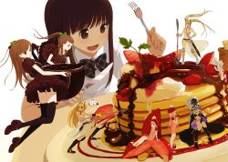 Rule 34 | 6+girls, armor, ass, black legwear, bow, brown hair, chocolate, coffee, drooling, eating, food, fork, fruit, hair bow, hat, highres, in food, knife, kokudou juunigou, mini person, minigirl, multiple girls, original, pancake, plate, ponytail, raspberry, simple background, skindentation, strawberry, sword, syrup, thighhighs, twintails, weapon, whipped cream
