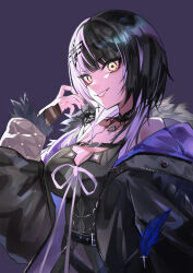 Rule 34 | 1girl, absurdres, belt, black hair, breasts, cleavage, coat, fur trim, grey hair, grin, hair ornament, highres, hololive, hololive english, kouhiipan, large breasts, looking at viewer, medium hair, multicolored hair, off shoulder, purple background, shiori novella, shiori novella (1st costume), simple background, smile, solo, two-tone hair, virtual youtuber, yellow eyes