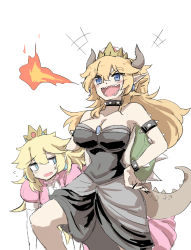 Rule 34 | +++, 2girls, black dress, blonde hair, blue eyes, blush, bowsette, collar, crown, dress, earrings, gloves, hand on own hip, holding person, horns, jewelry, mario (series), multiple girls, nejikyuu, new super mario bros. u deluxe, nintendo, open mouth, pink dress, pointy ears, princess peach, puffy short sleeves, puffy sleeves, scales, sharp teeth, short sleeves, spiked collar, spiked shell, spiked tail, spikes, strapless, strapless dress, super crown, tail, teeth, turtle shell, white background, white gloves
